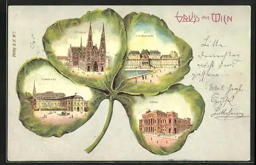 Passepartout-Lithographie Wien, Blumen-Säle, Votivkirche, K.K. Belvedere und Börse im Kleeblatt