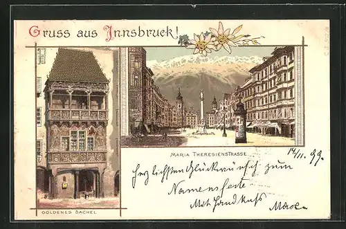 Lithographie Innsbruck, Maria Theresienstrasse, Goldenes Dachl