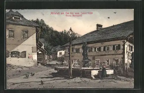 AK Millstatt am See, Oberer Marktplatz mit Denkmal