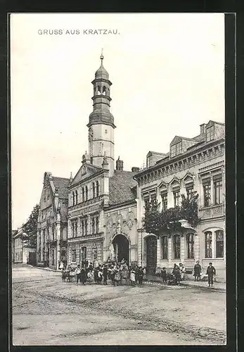 AK Kratzau, Strassenpartie mit Kirche