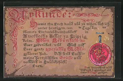 AK Leipzig, Urkunde mit Siegel aus Auerbachs Keller