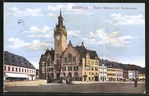 AK Waldheim, Markt, Rathaus mit Zierbrunnen