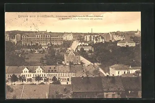 AK Auerbach i.V., Schulstrasse mit Zentralschule, Bismarckdenkmal und Reichsbank vom Schlossturm aus gesehen