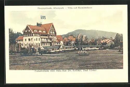 AK Bad Elster, Hauptgebäude Sanatorium Dr. Köhler, Albertpark, Villa und Kurmittelhaus