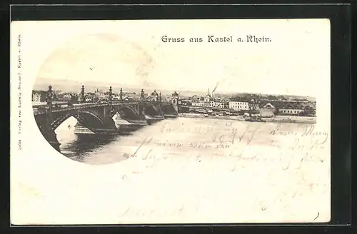 AK Kastel am Rhein, Ortsansicht mit Rheinbrücke