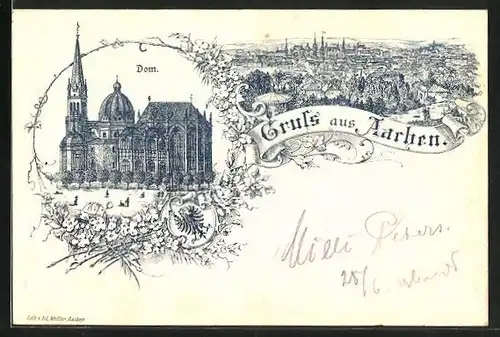 Lithographie Aachen, Ortsansicht und Dom