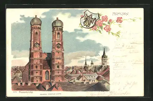 Künstler-AK München, Frauenkirche und Münchner Kindl