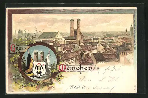 Lithographie München, Teilansicht mit Frauenkirche und Münchner Kindl