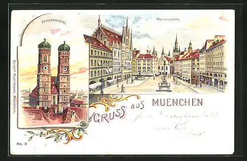 Lithographie München, Frauenkirche und Marienplatz