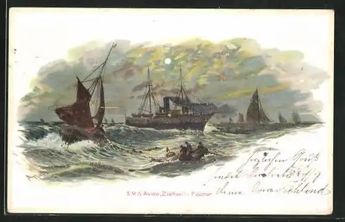 Lithographie Kriegsschiff S.M.S. Aviso Ziethen und Fischer bei stürmischer See