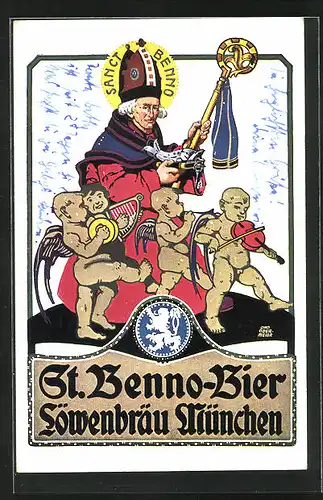 Künstler-AK Otto Obermeier: München, Löwenbräu - St. Benno-Bier