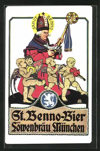 Künstler-AK Otto Obermeier: München, Löwenbräu - St. Benno-Bier