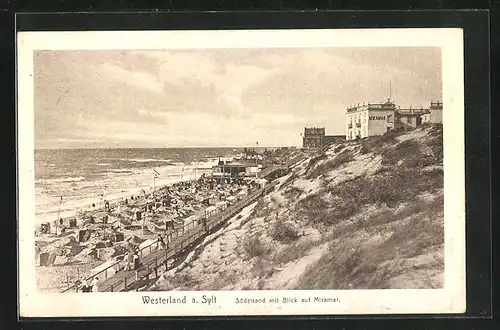 AK Westerland / Sylt, Südstrand mit Blick auf Hotel Miramar