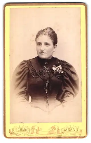 Fotografie O. Schmidt, Tharand, Portrait elegant gekleidete Dame mit Ansteckblume
