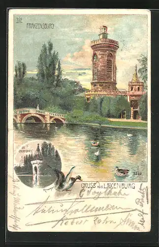 Lithographie Laxenburg, Blick zur Franzensburg