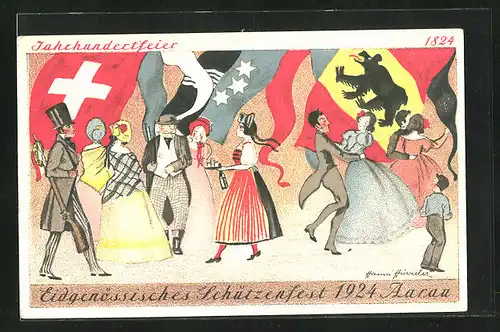 AK Aarau, Eidgenössisches Schützenfest 1924, Paare tanzen unter der Schweizer Flagge, Jahrhundertfeier