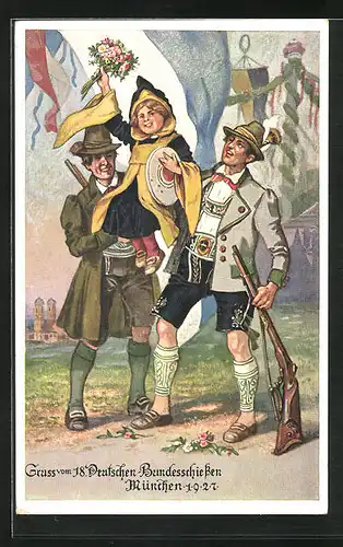 AK München, 18. Deutsches Bundesschiessen 1927, Schützen mit Münchner Kindl