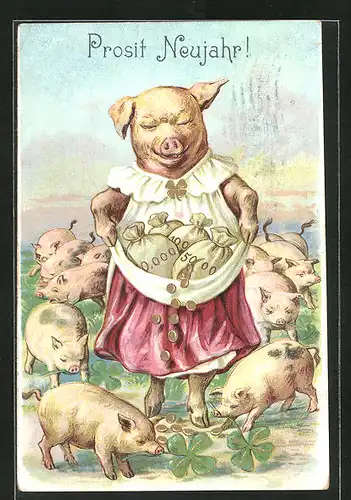 Präge-AK Schwein lässt Geldmünzen aus der Schürze regnen, Prosit Neujahr! vermenschlichte Tiere