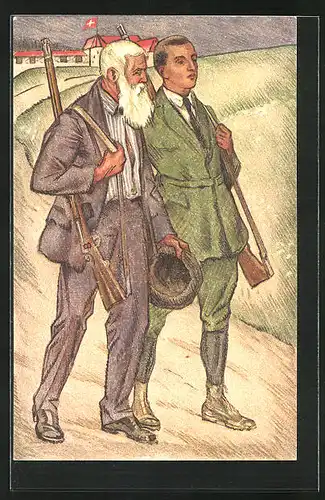 AK Schweizerischer Schützenverein 18124 - 1924, Männer auf dem Weg zu ihrem Schützenverein