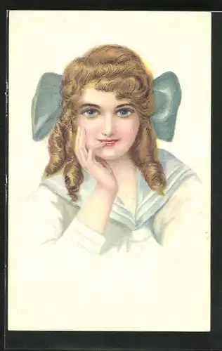 Künstler-AK H. Zahl: Mädchen mit grosser blauer Schleife im Haar