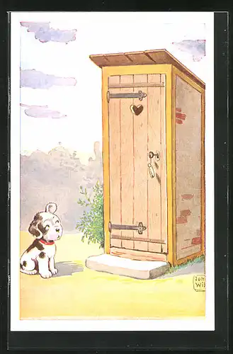 Künstler-AK John Wills: kleiner Hund aufmerksam vor dem Toilettenhäuschen sitzend