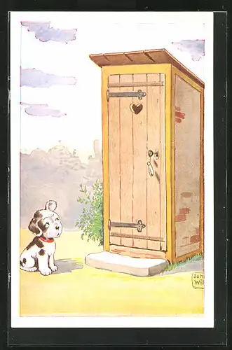 Künstler-AK John Wills: kleiner Hund aufmerksam vor dem Toilettenhäuschen sitzend