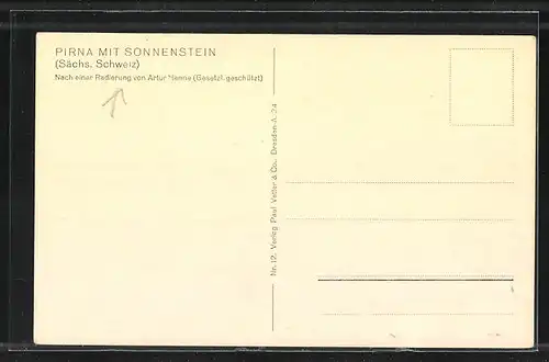 Künstler-AK Pirna /Sächs. Schweiz, Gesamtansicht mit Sonnenstein, nach einer Radierung von Artur Henne