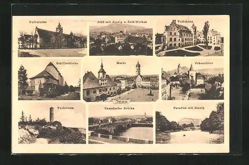 AK Jena, Universität, Markt, Fuchsturm, Volkshaus & Camsdorfer Brücke