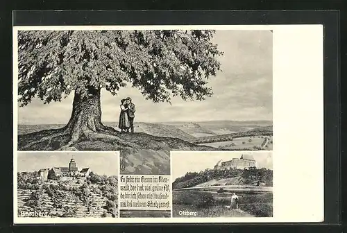 AK Breuberg, Burg aus der Vogelschau, Otzberg mit Burg, verliebte Küssen sich unter Baum