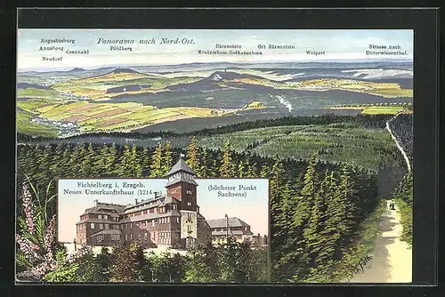 AK Fichtelberg / Erzgebirge, Neues Unterkunftshaus, Panorama nach Nord-Ost