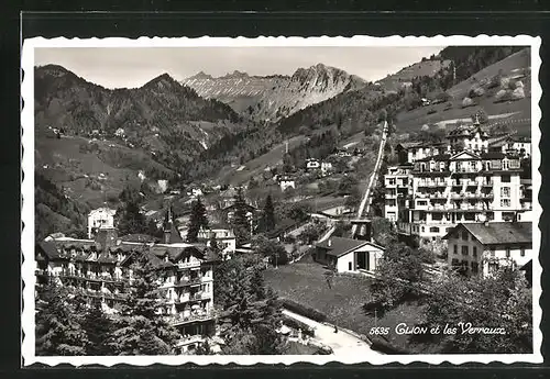 AK Glion, Panorama mit Bergbahn