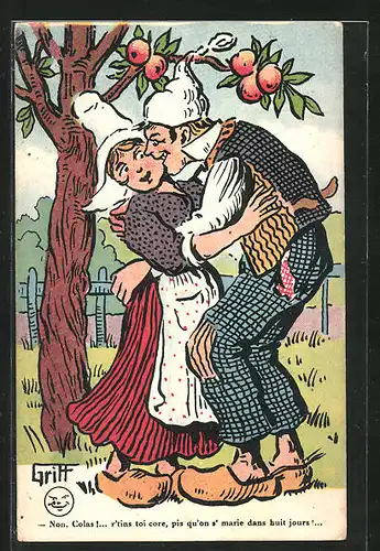 Künstler-AK Griff: Non, Colas!..., Paar in Tracht beim Kuss unterm Apfelbaum