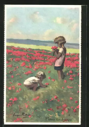 Künstler-AK sign. Redon: Kinder pflücken Blumen auf einer Wiese