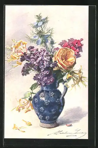 Künstler-AK sign. M. Lemaire: Heliotrope, Rosen & Nigelle in einer baluen Vase