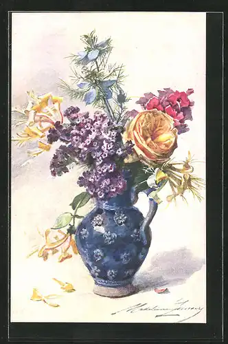 Künstler-AK sign. M. Lemaire: Heliotrope, Rosen & Nigelle in einer blauen Vase