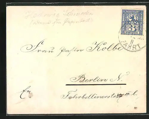 Briefumschlag der Privaten Stadtpost, adressiert an Frau Kolbe, Absender Dr. Schweden