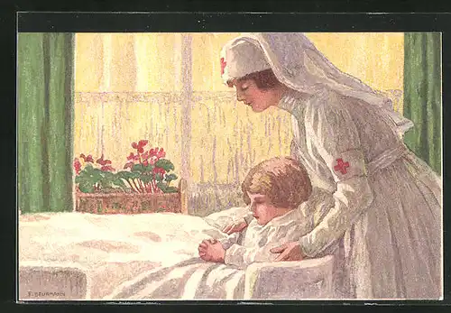Künstler-AK Schweizer Bundesfeier 1921, Caritas, Krankenschwester pflegt ein Kind am Krankenbett