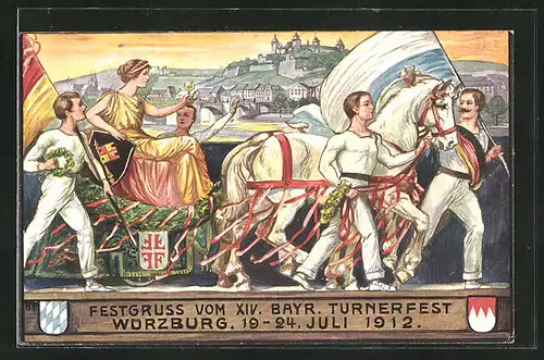 Künstler-AK Würzburg, XIV. Bayr. Turnerfest 1912, Festzug und Stadtansicht, PP27 C 64 /01