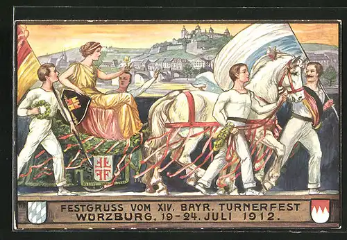 Künstler-AK Würzburg, XIV. Bayr. Turnerfest 1912, Festzug und Stadtansicht, PP27 C 64 /01