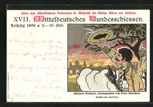 Künstler-AK Leipzig, XVII: Mitteldeutsches Bundesschiessen 1898, Schütze grüsst mit seinem Hut vom Stadtrand, PP9 C 68