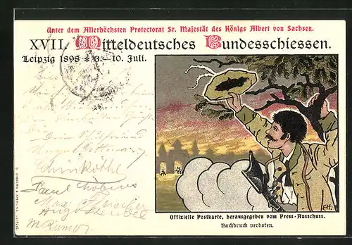 Künstler-AK Leipzig, XVII: Mitteldeutsches Bundesschiessen 1898, Schütze grüsst mit seinem Hut vom Stadtrand, PP9 C 68