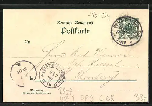 Künstler-AK Leipzig, XVII: Mitteldeutsches Bundesschiessen 1898, Schütze grüsst mit seinem Hut vom Stadtrand, PP9 C 68