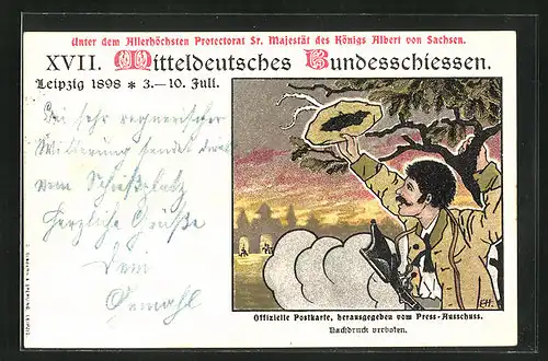 Künstler-AK Leipzig, XVII: Mitteldeutsches Bundesschiessen 1898, Schütze grüsst mit seinem Hut vom Stadtrand, PP9 C 68