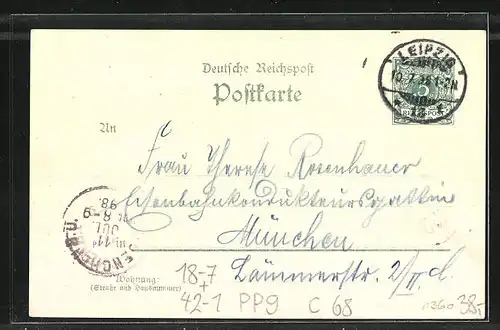 Künstler-AK Leipzig, XVII: Mitteldeutsches Bundesschiessen 1898, Schütze grüsst mit seinem Hut vom Stadtrand, PP9 C 68