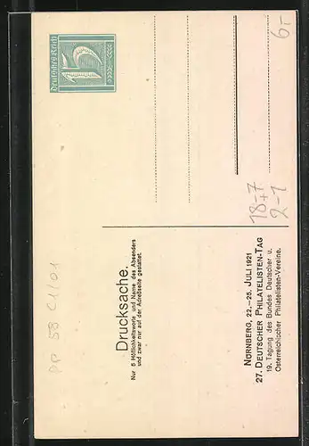 Künstler-AK Nürnberg, 27. Deutscher Philatelistentag 1921, Postkutsche, Ganzsache 15 RM