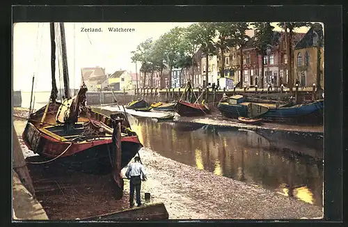 Künstler-AK Photochromie Nr. 2959: Zeeland, Walcheren, Kanal mit Schiffen