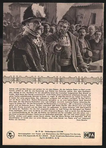 Filmprogramm PFI Nr. 31 /56, Der Richter von Zalamea, H. J. Büttner, Gudrun Schmidt-Ahrends, Regie: Martin Hellberg