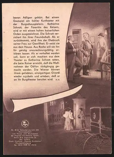 Filmprogramm PFI Nr. 89 /54, Der Komödiant von Wien, Karl Paryla, Christl Mardayn, Regie: Karl Paryla