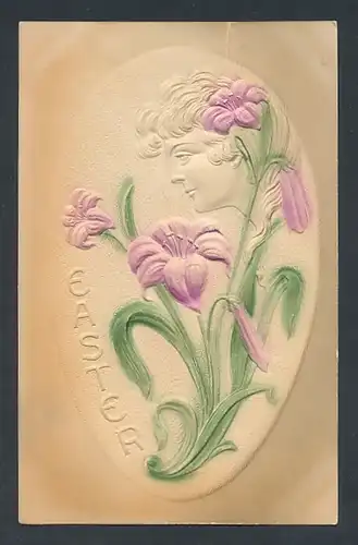 Präge-Airbrush-AK Frau im Profil mit violetten Blumen