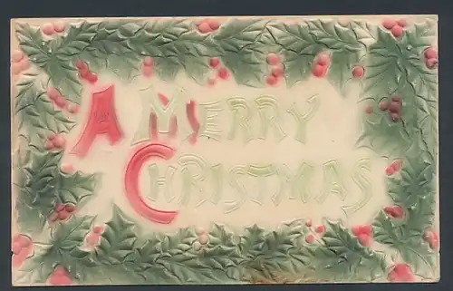 Präge-Airbrush-AK Weihnachtsgruss umrahmt von Stechpalmenblättern
